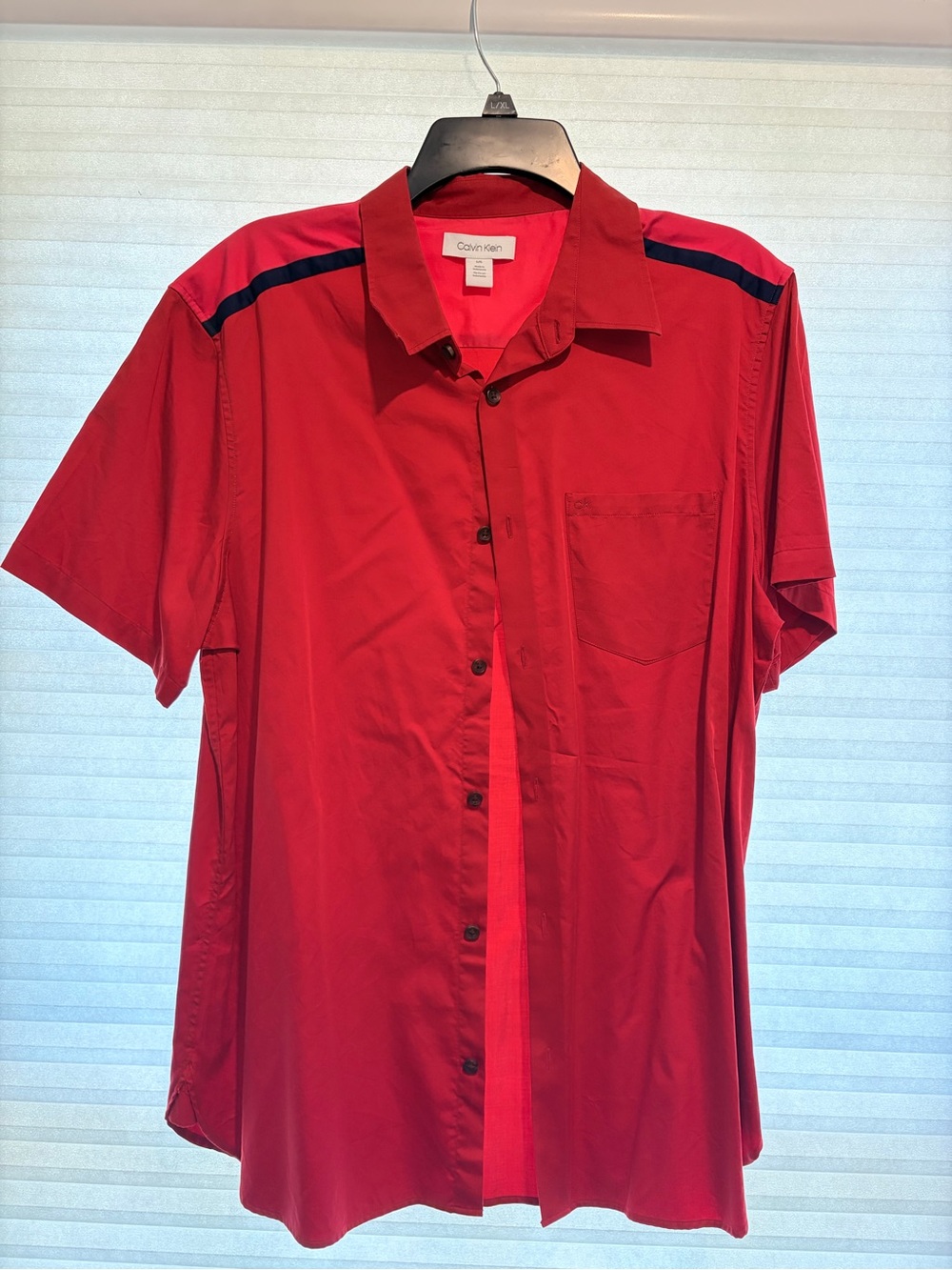 Calvin Klein Red Short-Sleeve Button-Down Shirt with Navy Shoulder Stripe